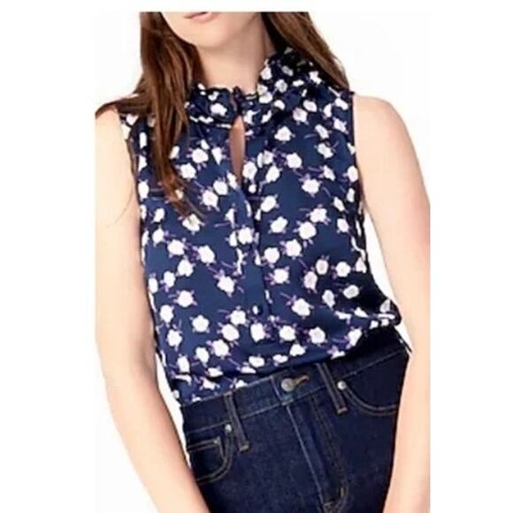 J. Crew Liberty Ruffle Neck Scattered Peony Print Sleeveless VNeck S Blue Purple - Picture 12 of 15